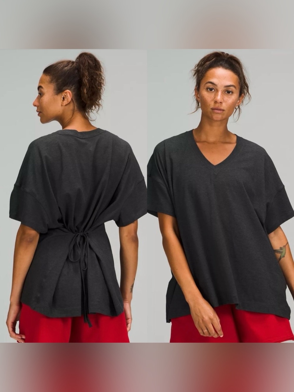 Lululemon Side Tie V-Neck T-Shirt Heathered Black Grey New Womens 4 oversized